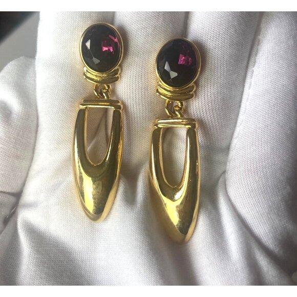 Vintage 80s 90s Gold Toned Pierced Earrings Purple Stone Door Knocker Regency - Picture 7 of 7